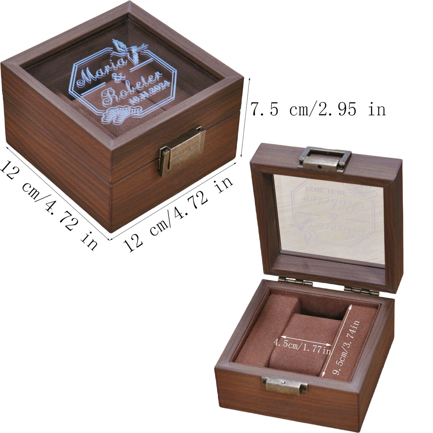 Personalized 2 Slots Wooden Watch Box Organizer, Custom Engraved Watch Display Storage Case with Glass Lid, Personalized Father's Day Anniversary Birthday Gifts for Men Women Her Him Mom Dad Friends