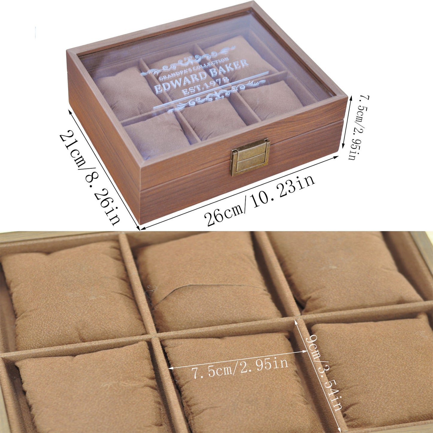 Personalized 6 Slots Wooden Watch Box Organizer, Custom Engraved Watch Display Storage Case with Glass Lid, Personalized Father's Day Anniversary Birthday Gifts for Men Women Her Him Mom Dad Friends