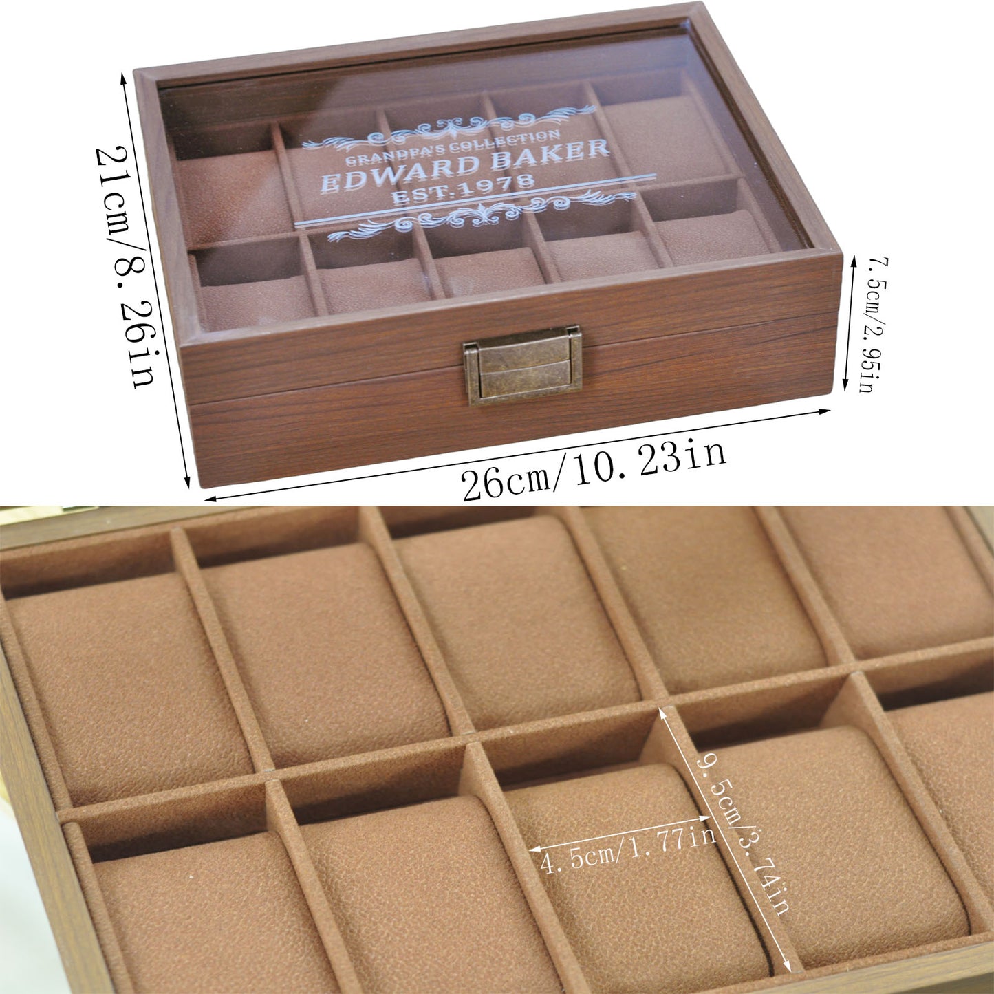 Personalized 10 Slots Wooden Watch Box Organizer, Custom Engraved Watch Display Storage Case with Glass Lid, Personalized Father's Day Anniversary Birthday Gifts for Men Women Her Him Mom Dad Friends