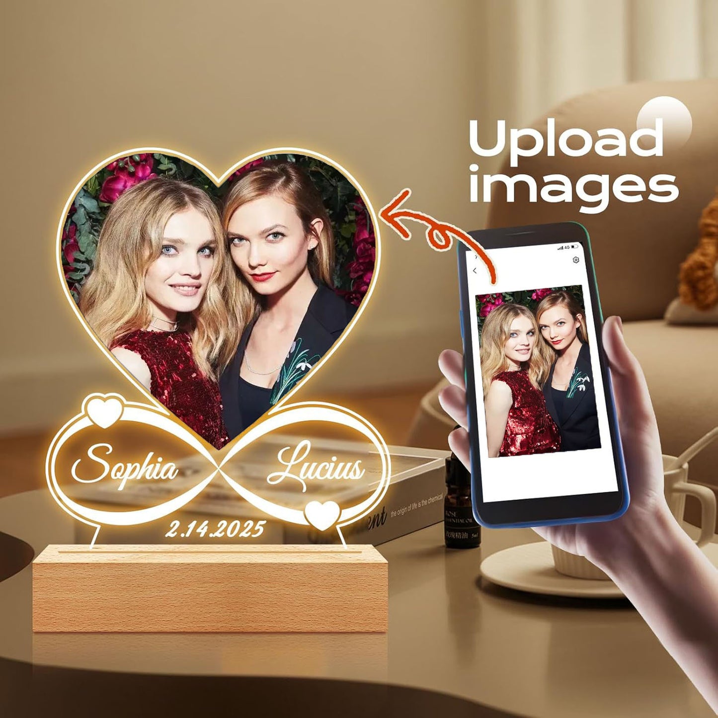 Personalised Picture Frames with Photo, Customized Photo Frame with Night Light, Personalized Heart Shaped Picture Frame Mother's Day Anniversary Birthday Gifts for Women Men Her Him Mom Dad Baby Kid Family
