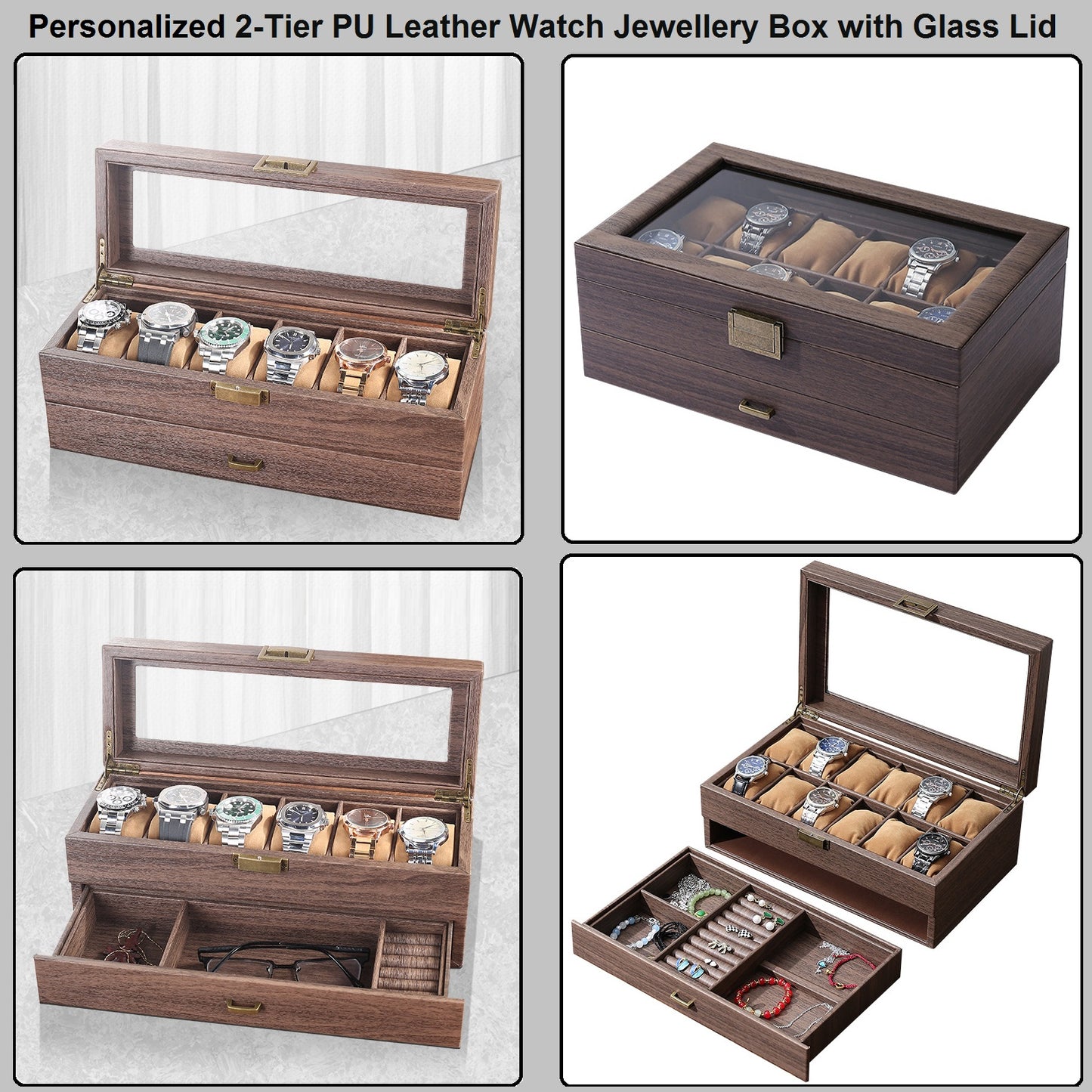Personalized 12 Slots Watch Jewelry Box Organizer, 2-Layer PU Leather Watch Box Jewellery Storage Case with Glass Lid, Customized Watch Holder Display Storgae Case Gifts for Men Women