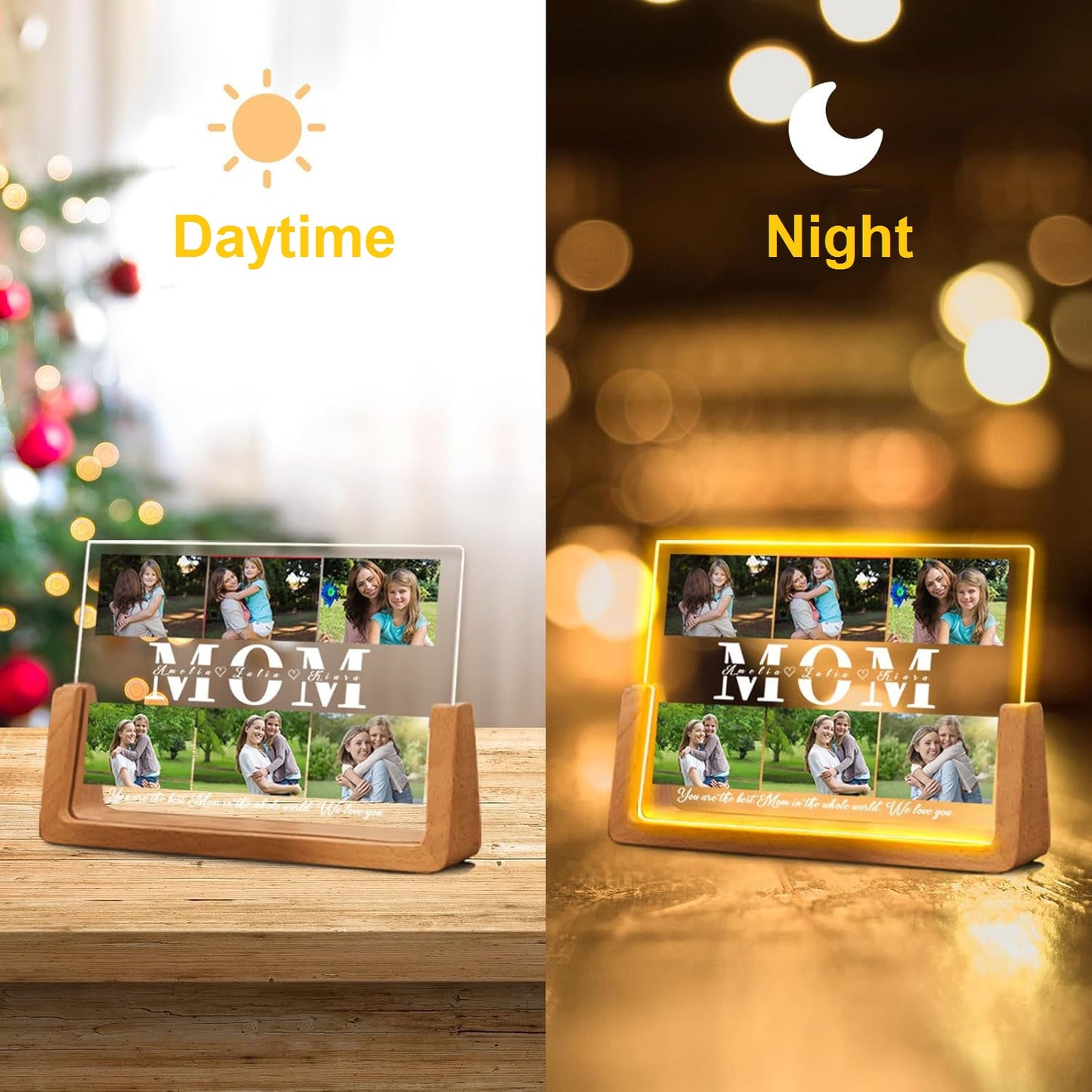 Customized Picture Frames with Photo, Personalized Photo Frame with Night Light, Personalized Mother's Day Anniversary Birthday Photo Gifts for Women Men Her Him Mom Dad Baby Kids Family