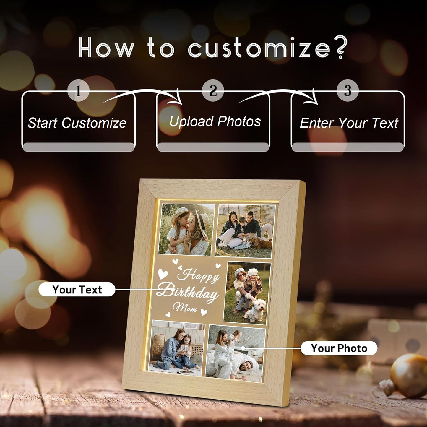 Personalised Picture Frames with Photos, Custom Photo Frame with Night Light, Personalized Picture Frame Mother's Day Anniversary Birthday Photo Gifts for Women Men Mom Dad Baby Kid Family