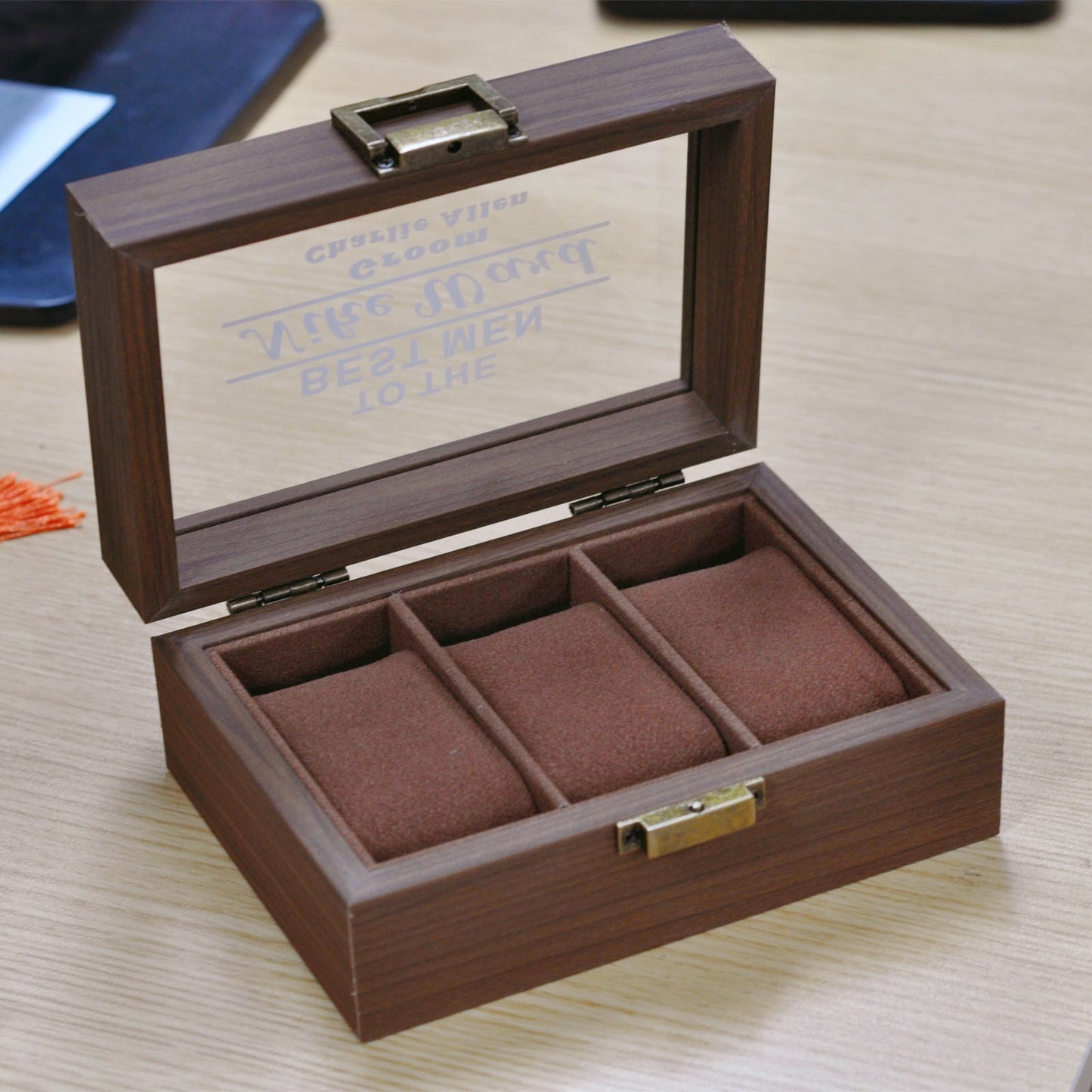 Personalized 3 Slots Wooden Watch Box Organizer, Custom Engraved Watch Display Storage Case with Glass Lid, Personalized Father's Day Anniversary Birthday Gifts for Men Women Her Him Mom Dad Friends
