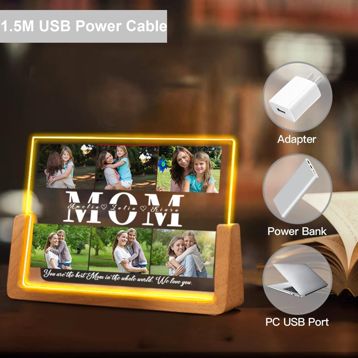 Customized Picture Frames with Photo, Personalized Photo Frame with Night Light, Personalized Mother's Day Anniversary Birthday Photo Gifts for Women Men Her Him Mom Dad Baby Kids Family