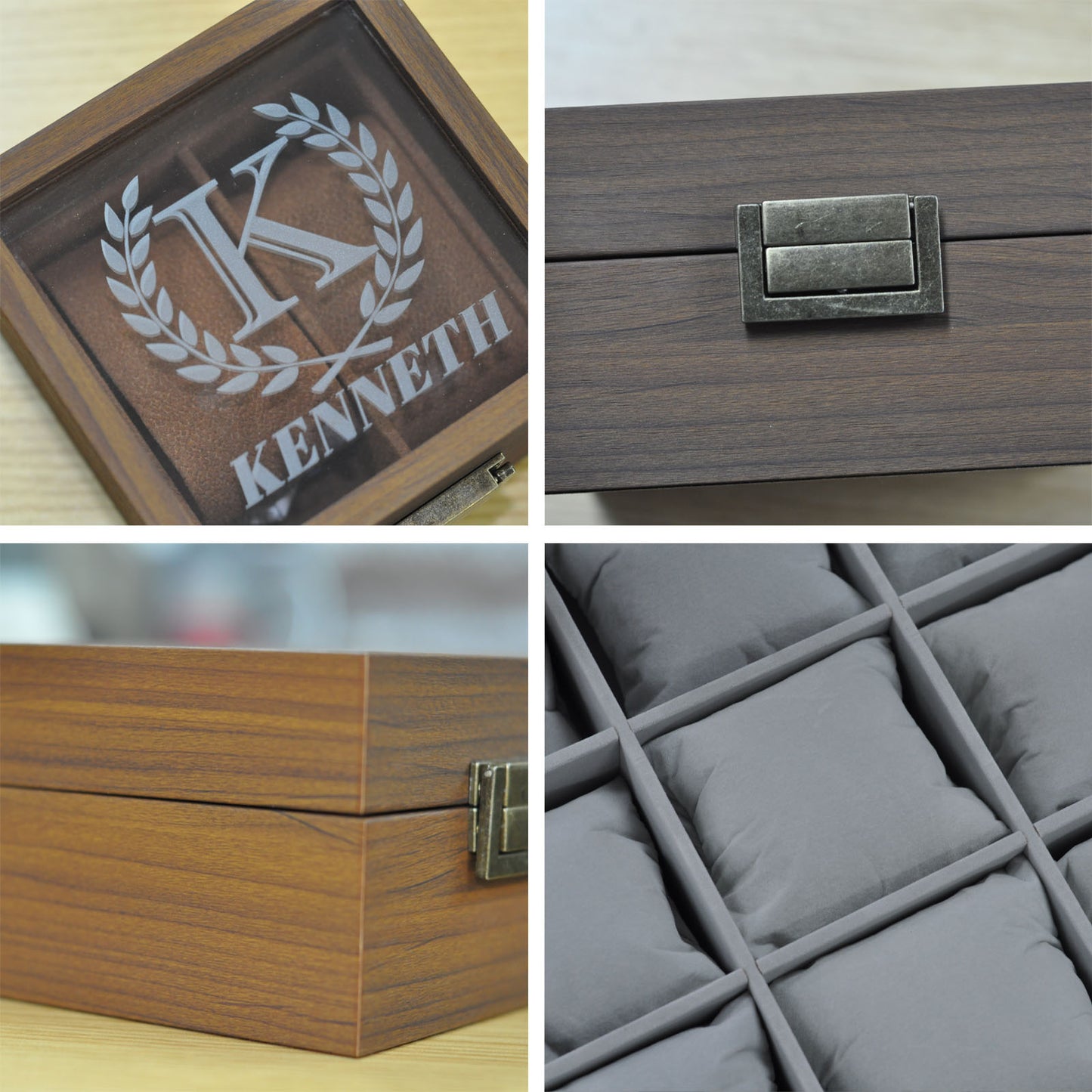 Personalized 12 Slots Wooden Watch Box Organizer, Custom Engraved Watch Display Storage Case with Glass Lid, Personalized Father's Day Anniversary Birthday Gifts for Men Women Her Him Mom Dad Friends