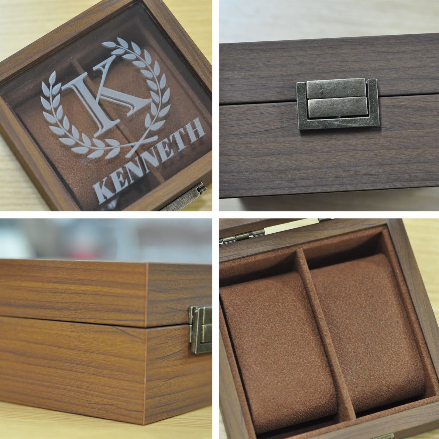 Personalized 2 Slots Wooden Watch Box Organizer, Custom Engraved Watch Display Storage Case with Glass Lid, Personalized Father's Day Anniversary Birthday Gifts for Men Women Her Him Mom Dad Friends