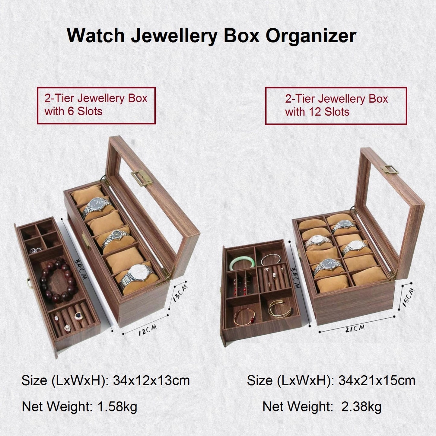 Personalized 12 Slots Watch Jewelry Box Organizer, 2-Layer PU Leather Watch Box Jewellery Storage Case with Glass Lid, Customized Watch Holder Display Storgae Case Gifts for Men Women