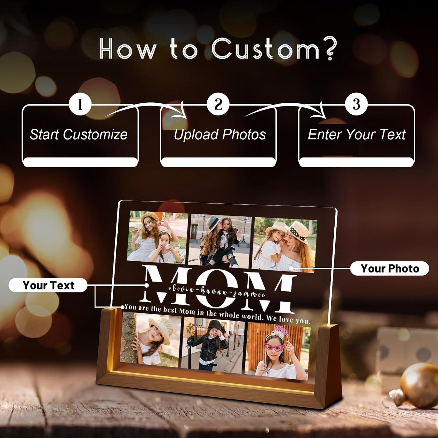 Customized Picture Frames with Photo, Personalized Photo Frame with Night Light, Personalized Mother's Day Anniversary Birthday Photo Gifts for Women Men Her Him Mom Dad Baby Kids Family