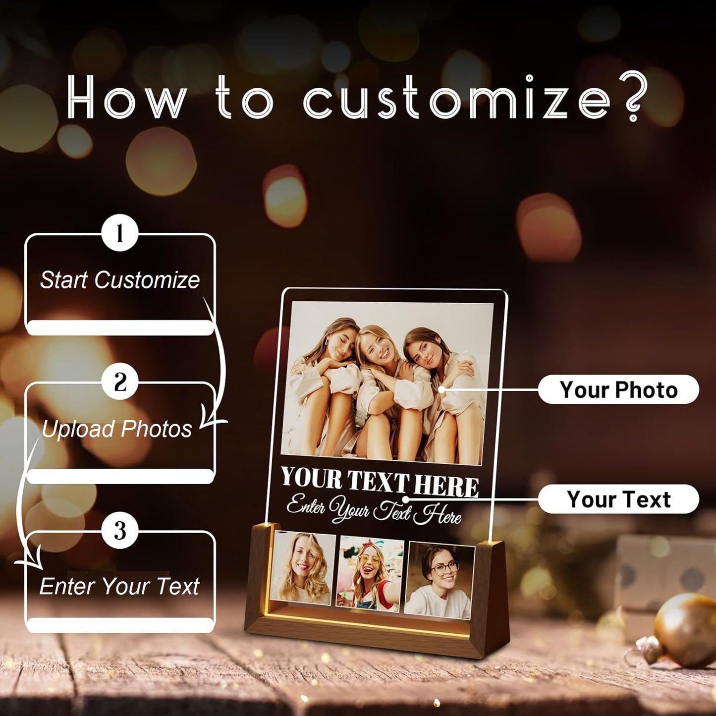 Custom Picture Frames with Photo, Personalized Photo Frame with Night Light, Personalised Mother's Day Anniversary Birthday Photo Gifts for Women Men Her Him Mom Dad Baby Kid Family