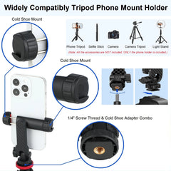 Phone Tripod Mount Holder Universal Smartphone Mount Adapter with 2 Cold Shoe Mounts for iPhone Samsung All Phones