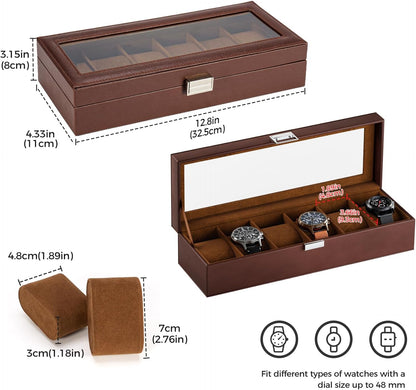 Personalized 6 Slots Watch Box Organizer, PU Leather Watch Holder Display Storage Case with Glass Lid, Personalized Father's Day Mother's Day Anniversary Birthday Gifts for Men Women Her Him Mom Dad Friends