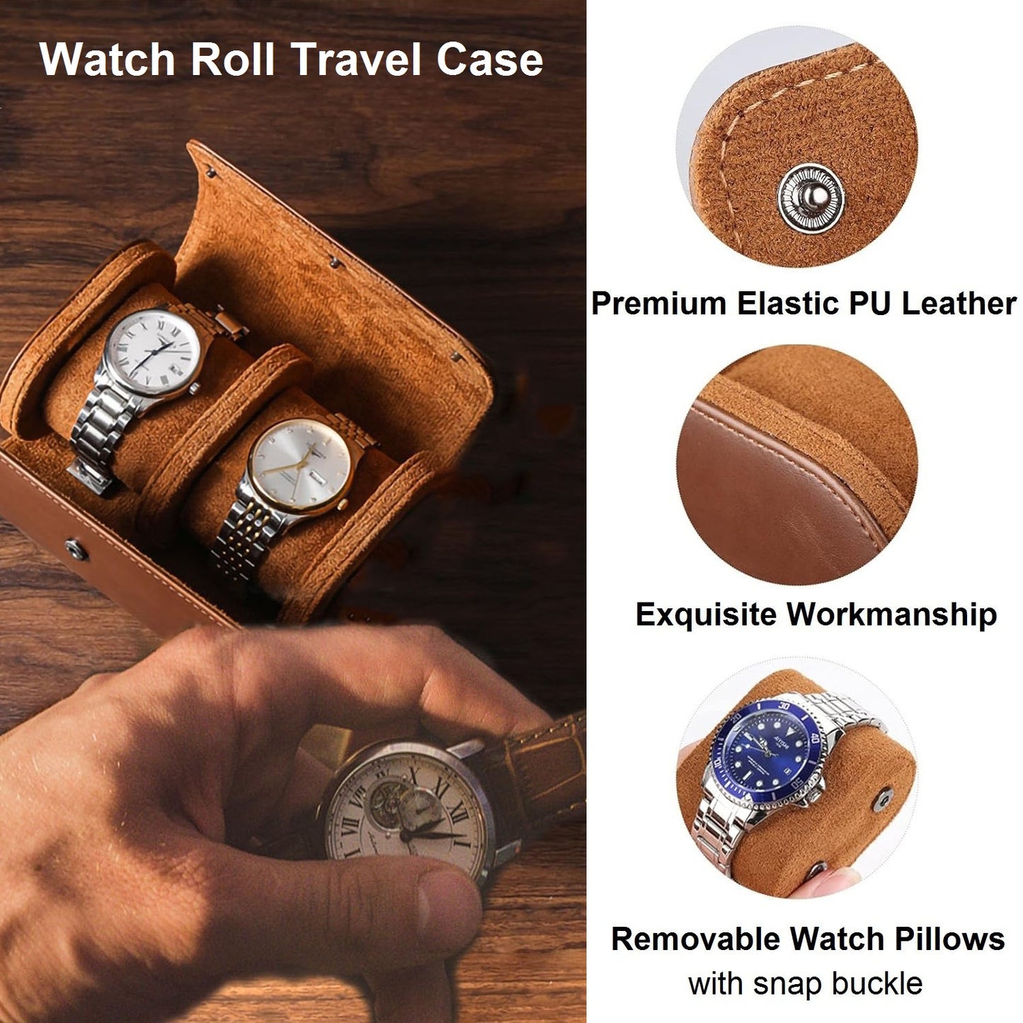 Personalized Watch Roll Travel Case Organizer, 2 Slots PU Leather Watch Display Storage Case, Personaized Father’s Day Mother’s Day Anniversary Birthday Gifts for Men Women Her Him Mom Dad Friends