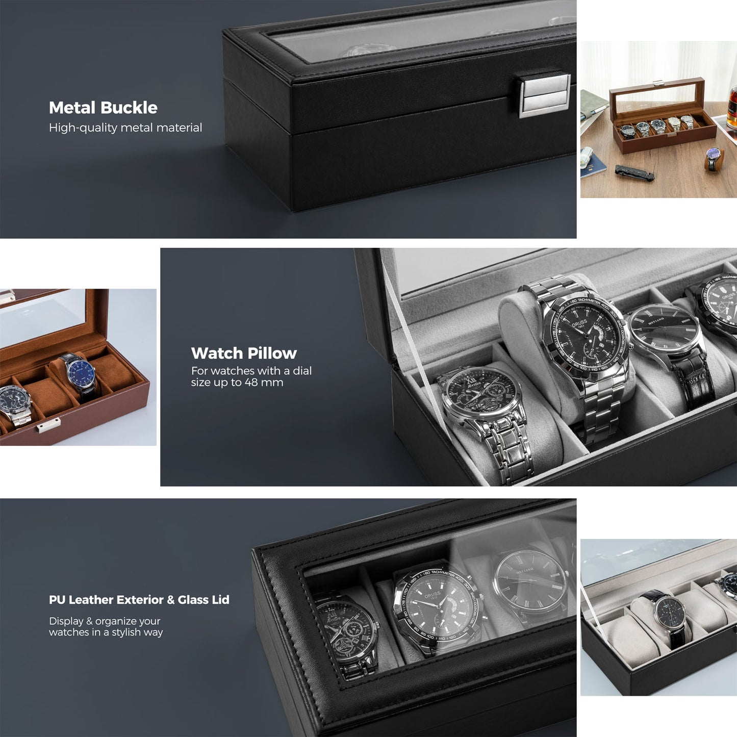 Personalized 6 Slots Watch Box Organizer, PU Leather Watch Holder Display Storage Case with Glass Lid, Personalized Father's Day Mother's Day Anniversary Birthday Gifts for Men Women Her Him Mom Dad Friends