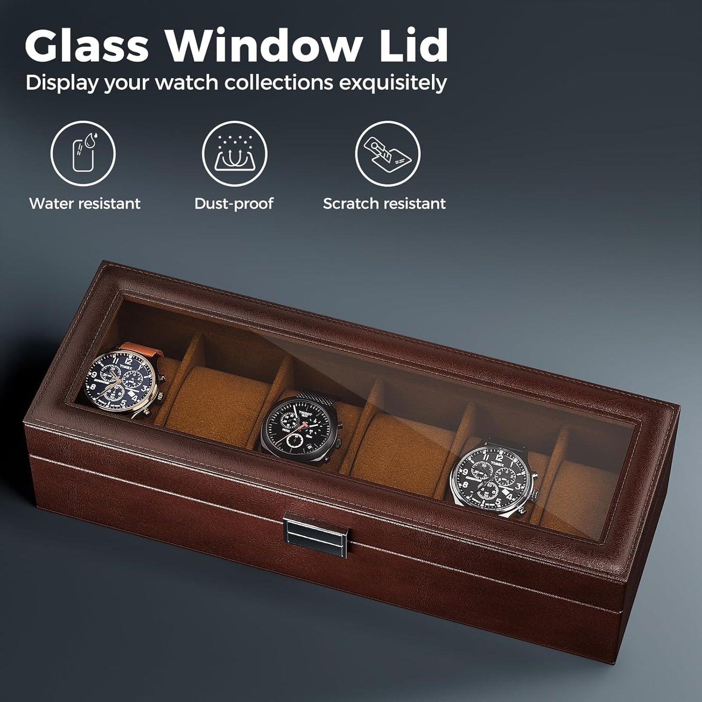 Personalized 6 Slots Watch Box Organizer, PU Leather Watch Holder Display Storage Case with Glass Lid, Personalized Father's Day Mother's Day Anniversary Birthday Gifts for Men Women Her Him Mom Dad Friends