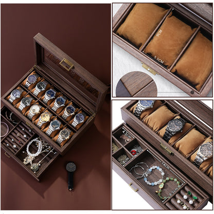 Personalized 12 Slots Watch Jewelry Box Organizer, 2-Layer PU Leather Watch Box Jewellery Storage Case with Glass Lid, Customized Watch Holder Display Storgae Case Gifts for Men Women