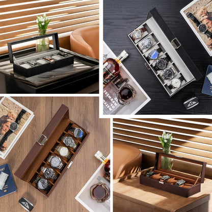 Personalized 6 Slots Watch Box Organizer, PU Leather Watch Holder Display Storage Case with Glass Lid, Personalized Father's Day Mother's Day Anniversary Birthday Gifts for Men Women Her Him Mom Dad Friends