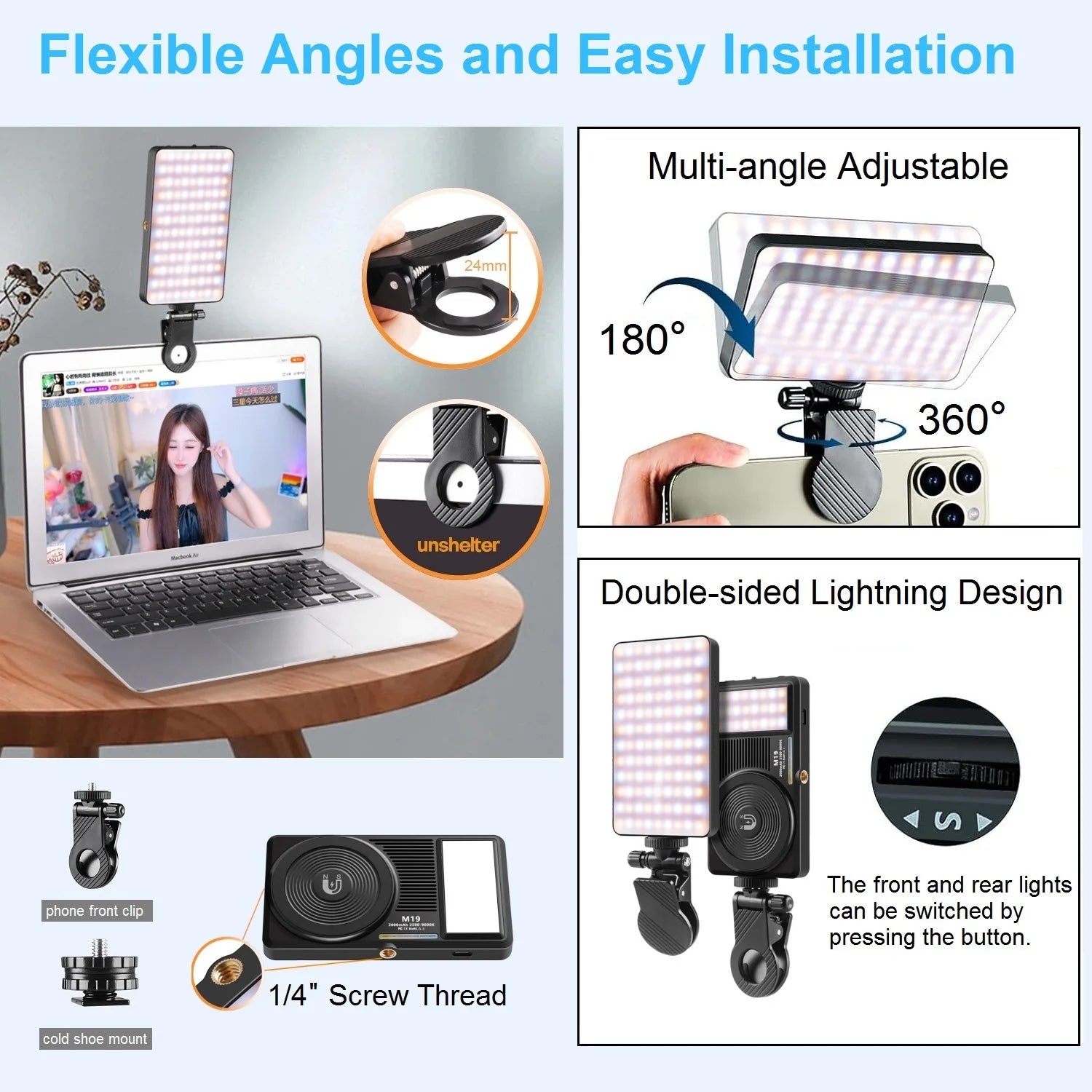 Magnetic Selfie Light for iPhone Rechargeable Phone Light Clip LED Video Light for Phone iPad Camera Laptop Vlog Tiktok Makeup