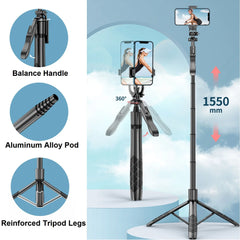 Selfie Stick Phone Tripod with Remote, 60" Extendable Tripod Stand for iPhone Android Camera 360° Rotation Overhead Tripod Stand