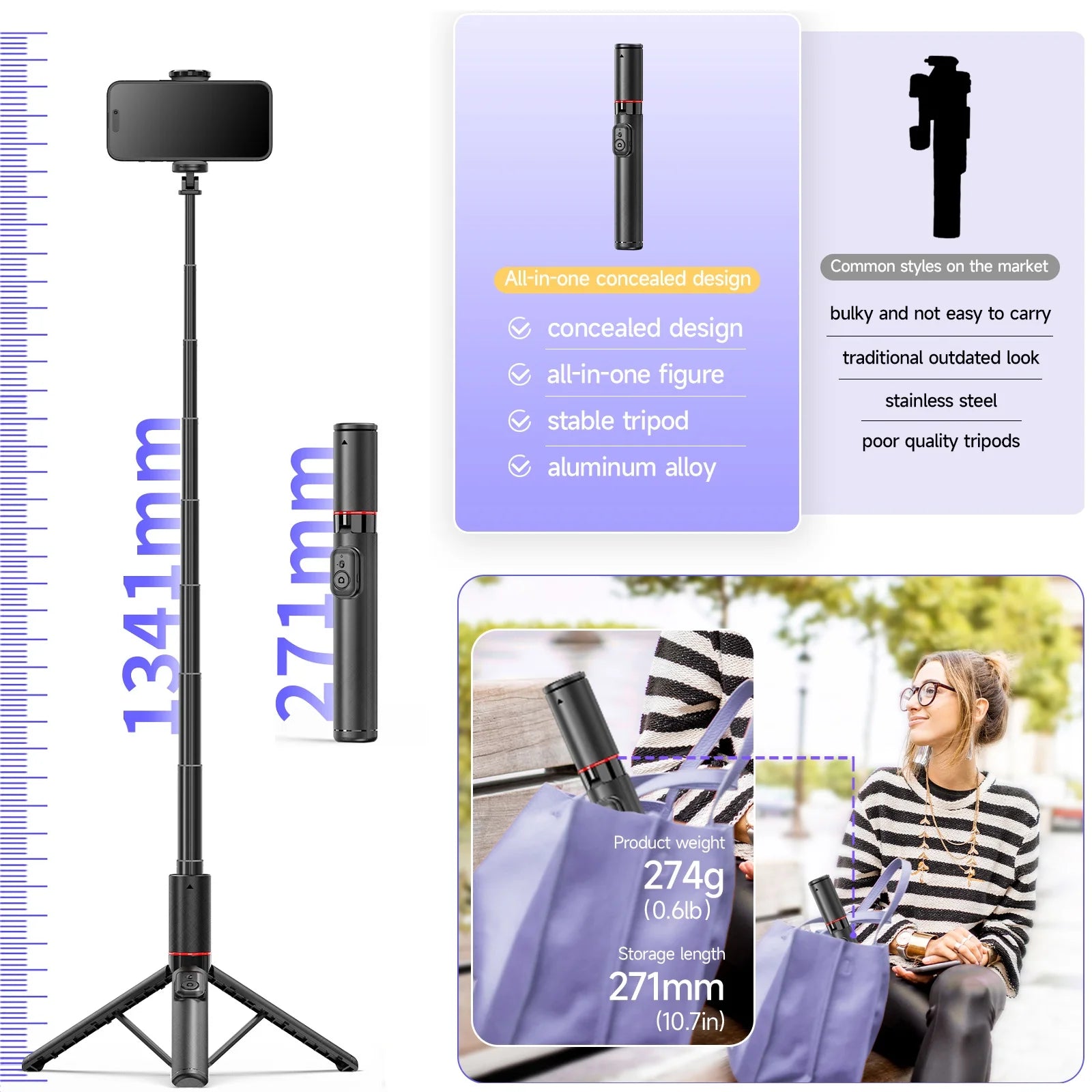 Selfie Stick with Tripod Stand and Remote, 52" Extendable Selfie Stick for iPhone 16 15 14 13 12 Pro Max Android Galaxy S24 S23