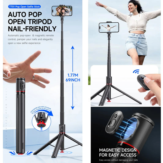 Automatic Tripod for iPhone Android, 70" Auto Open Selfie Stick Phone Tripod Stand with Magnetic Remote for Video Recording Vlog