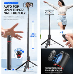 Automatic Tripod for iPhone Android, 70" Auto Open Selfie Stick Phone Tripod Stand with Magnetic Remote for Video Recording Vlog
