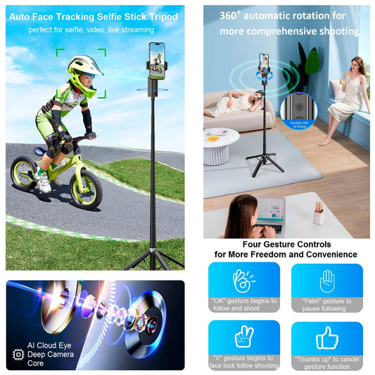 Auto Face Tracking Tripod 360° Rotation for iPhone Android, 59'' auto tracking phone holder Selfie Stick Tripod for Video Tiktok