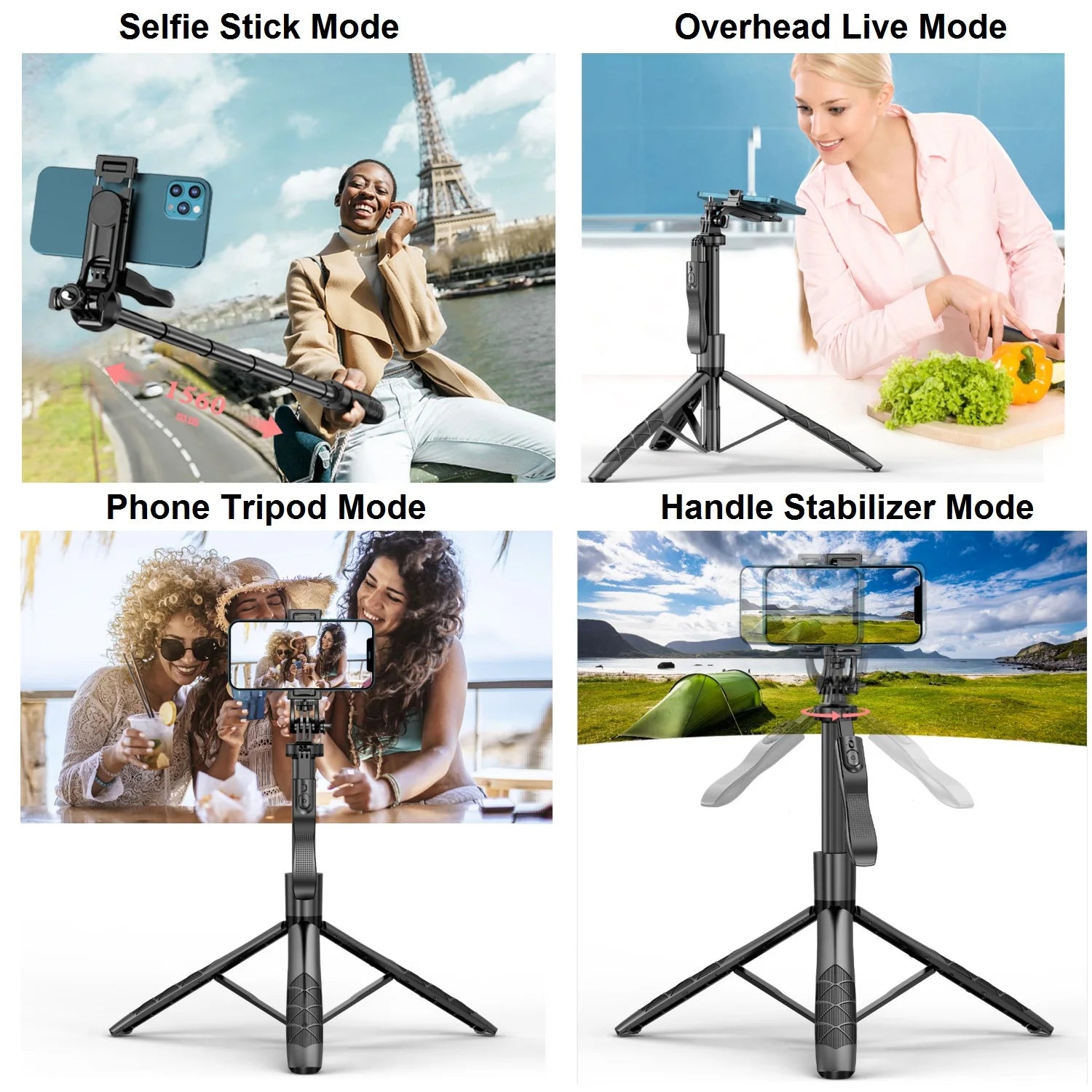 Selfie Stick Phone Tripod with Remote, 60" Extendable Tripod Stand for iPhone Android Camera 360° Rotation Overhead Tripod Stand