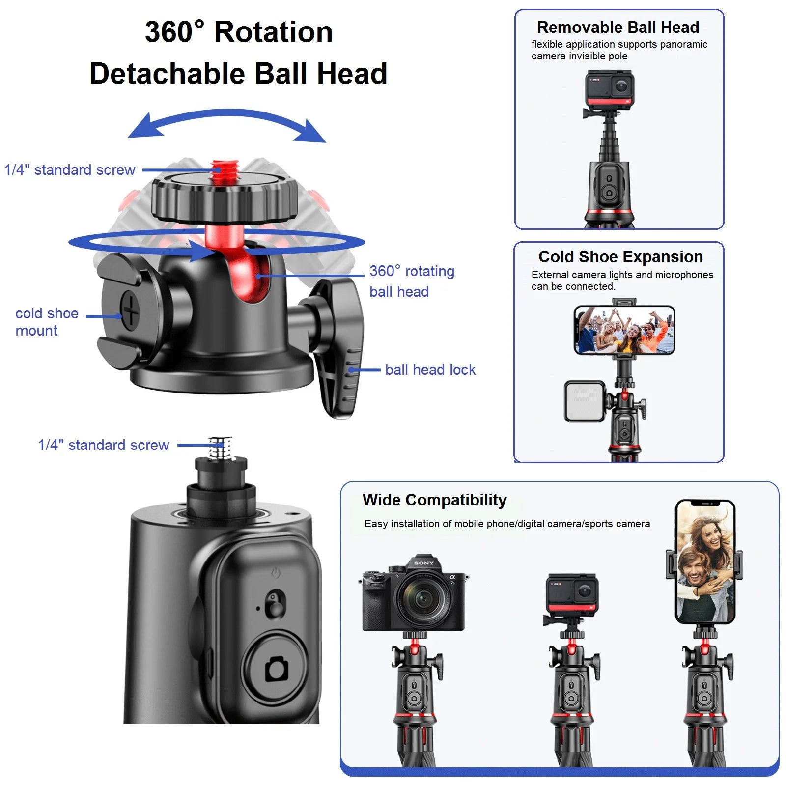 Flexible Phone Tripod Selfie Stick, Mini Camera Tripod Phone Holder with Cold Shoe Mount for iPhone Samsung Camera Video Vlogs