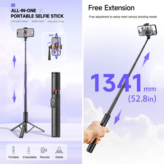 Selfie Stick with Tripod Stand and Remote, 52" Extendable Selfie Stick for iPhone 16 15 14 13 12 Pro Max Android Galaxy S24 S23