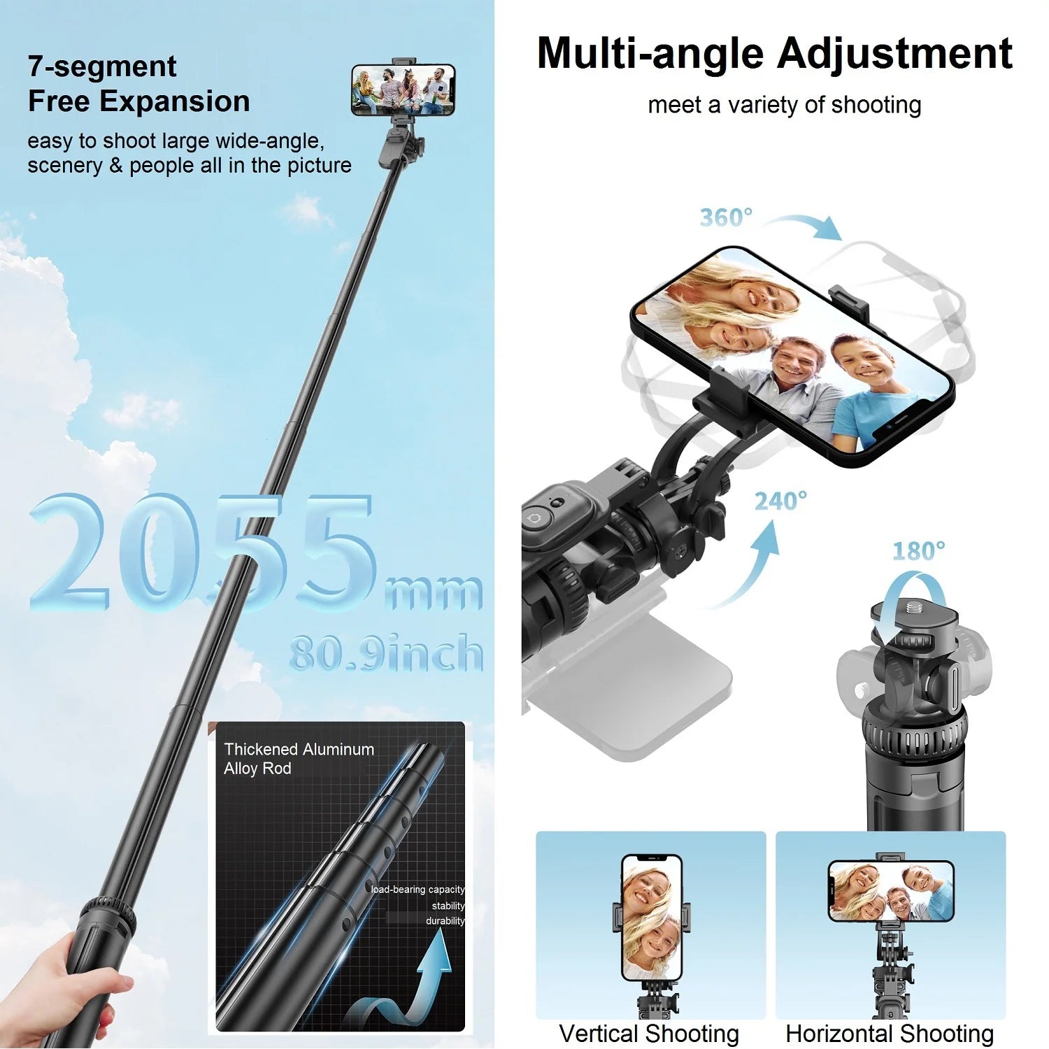 80" Phone Tripod Selfie Stick with Remote for Phone , Tall Travel Tripod Stand Phone Holder for Live Video Photo Vlog